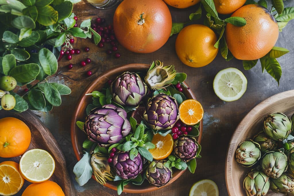 Recette d’entrée : salade tiède d’artichaut violet et agrumes