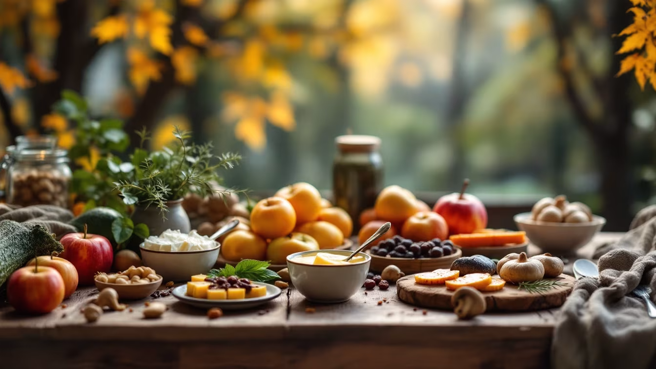 Planche d’automne sur table en bois avec courge, champignons, betteraves, pommes, raisins, noix, fromage et tartinades.
