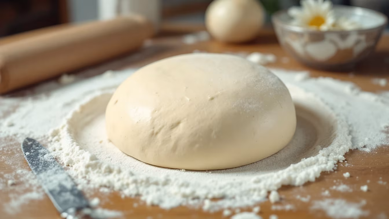 Une pâte brisée froide se fissure sous un rouleau, à côté d’un bol et d’un plan légèrement fariné.